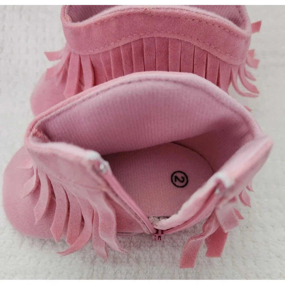 Baby Pink Fringe Cowboy Boots Infant Size 2 Soft Sole Zippered Crib Shoes